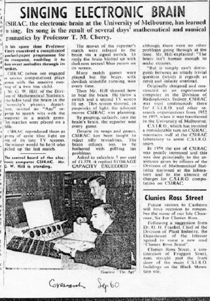 The Australian newspaper The Age devoted an article to the music composed by CSIRAC, 1960.